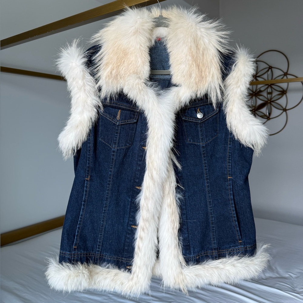 Vintage Denim Vest w Fox Fur Trim Womens Large 70s disco Y2K Mob Wife Penny Lane